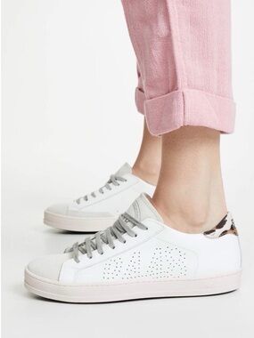 P448 Women's John White/Pink Italian Leather Sneaker 39/8.5 Leopard Trim Surf